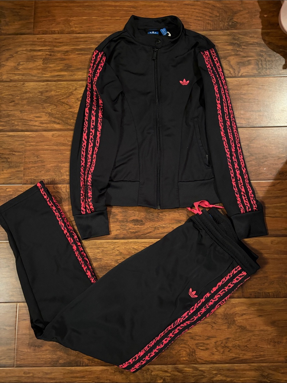 adidas leopard cheetah Black Sweatpants & Track Jacket with Pink Stripe
